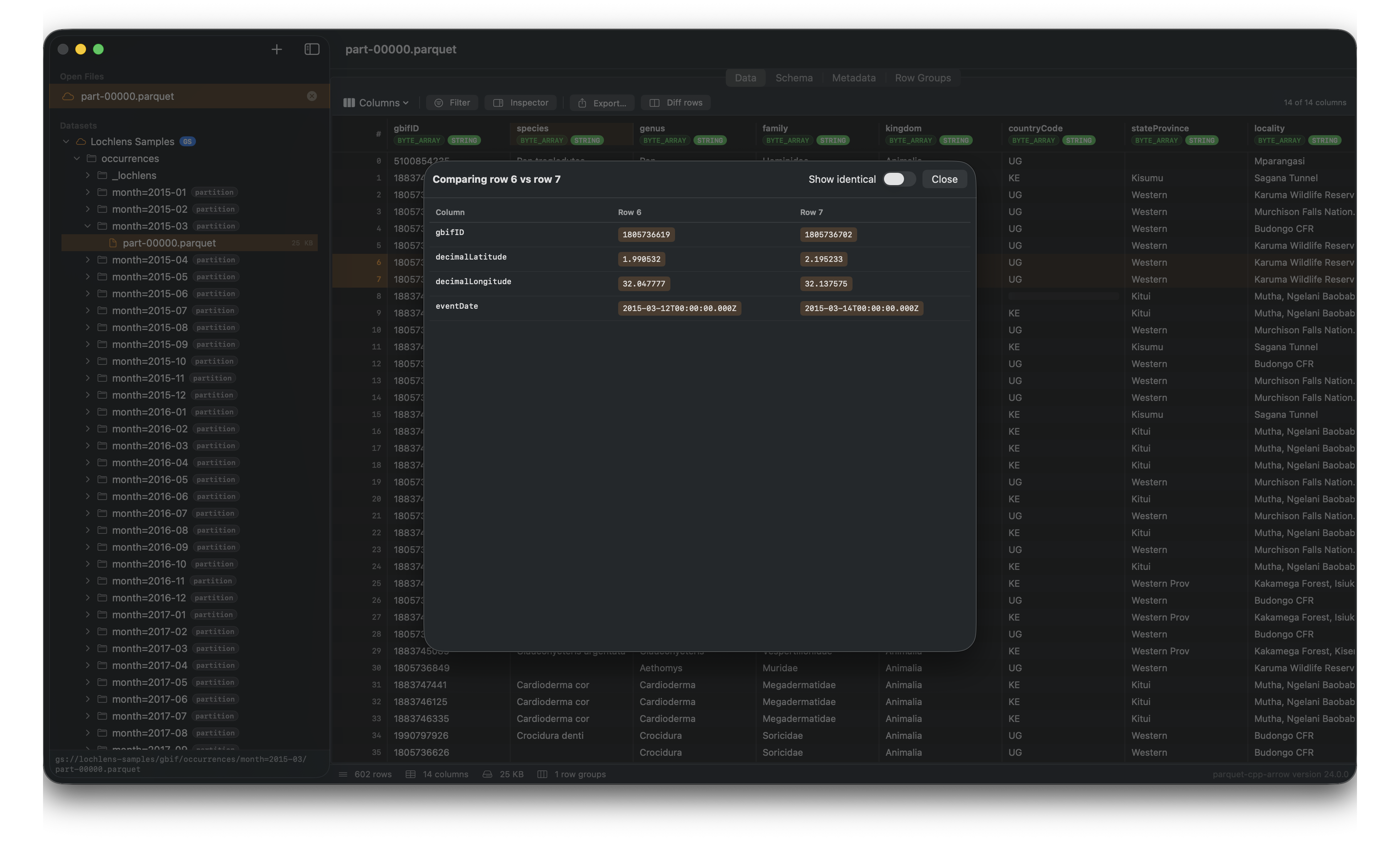 Quarry diff dialog comparing two Delta Lake rows side by side